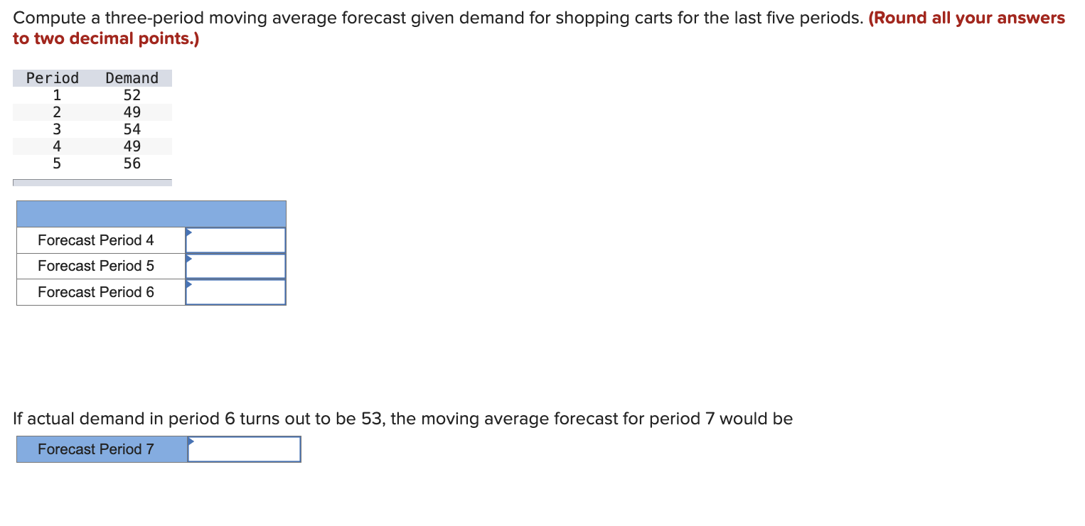  Compute a three-period moving average forecast given demand for shopping carts