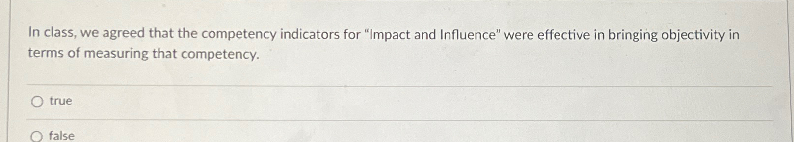  In class, we agreed that the competency indicators for "Impact and