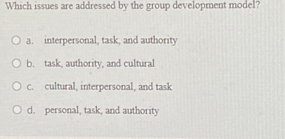  Which issues are addressed by the group development model? a. interpersonal,