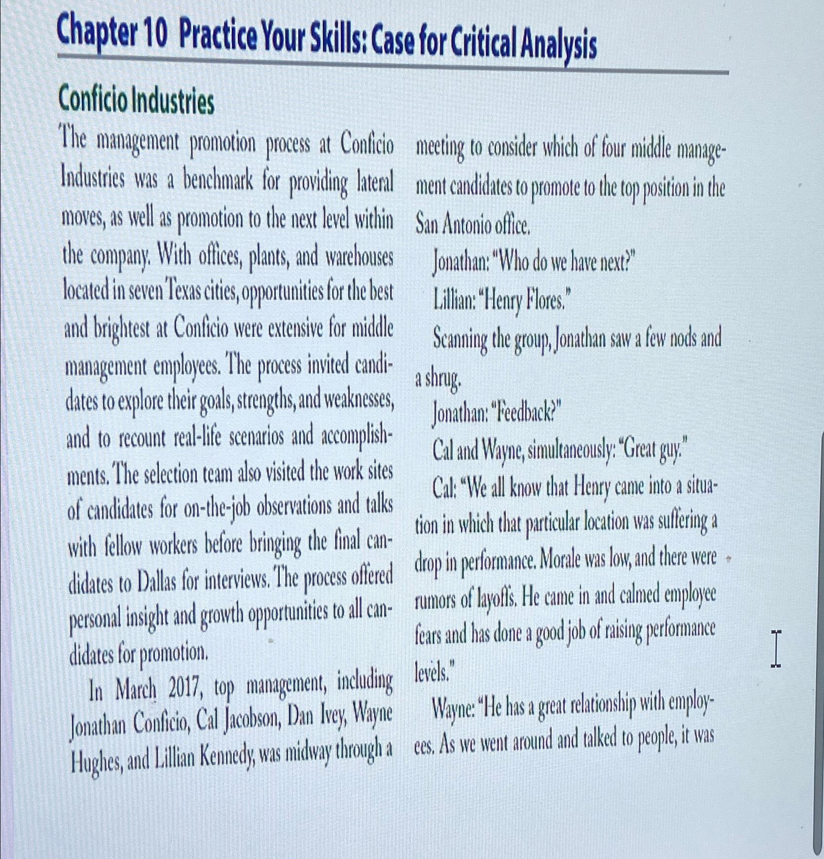  Chapter 10 Practice Your Skills: Case for Critical Analysis Conficio Industries