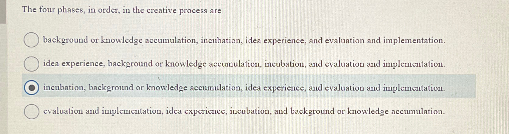 The four phases, in order, in the creative process are background
