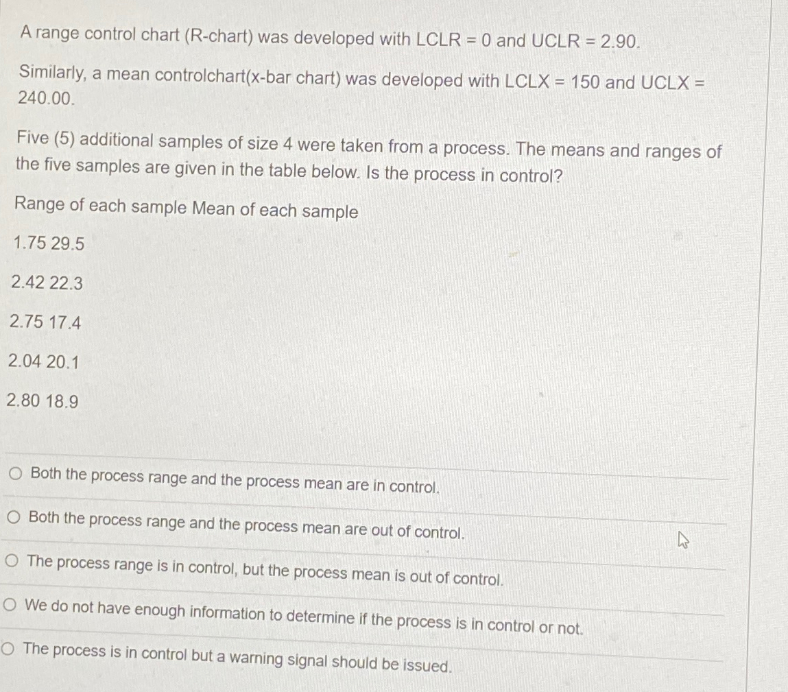  A range control chart (R-chart) was developed with LCLR=0 and UCLR=2.90.