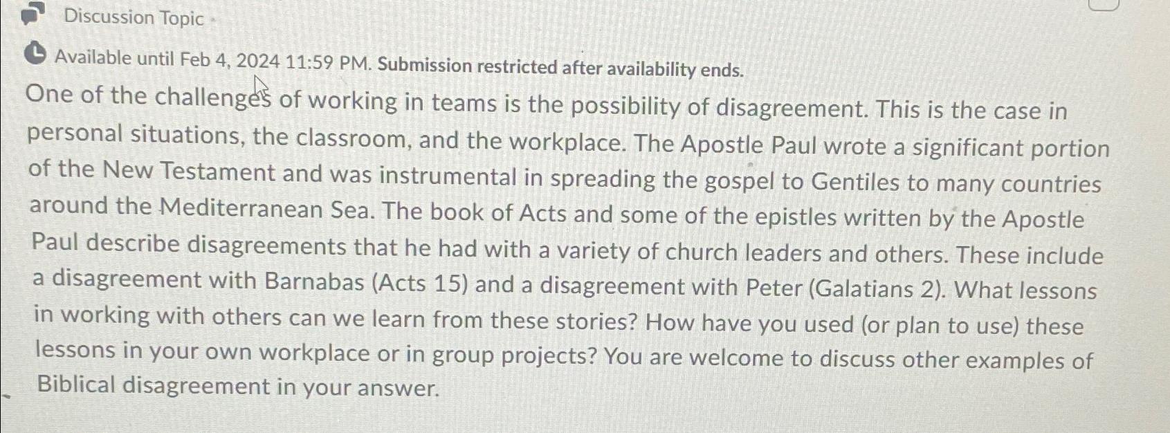  Discussion Topic (5vailable until Feb 4,202411:59 PM. Submission restricted after availability