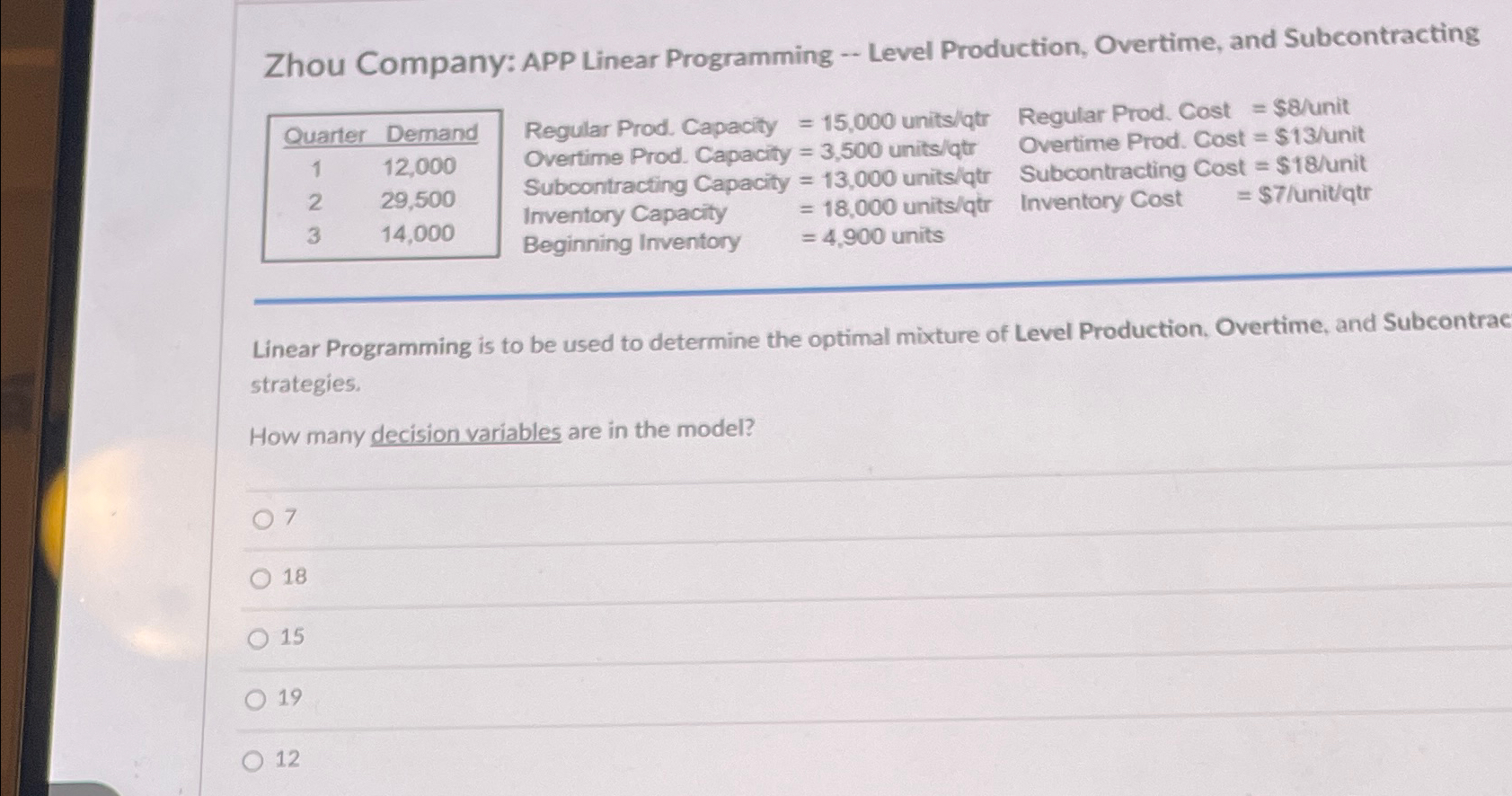  Zhou Company: APP Linear Programming - Level Production, Overtime, and Subcontracting
