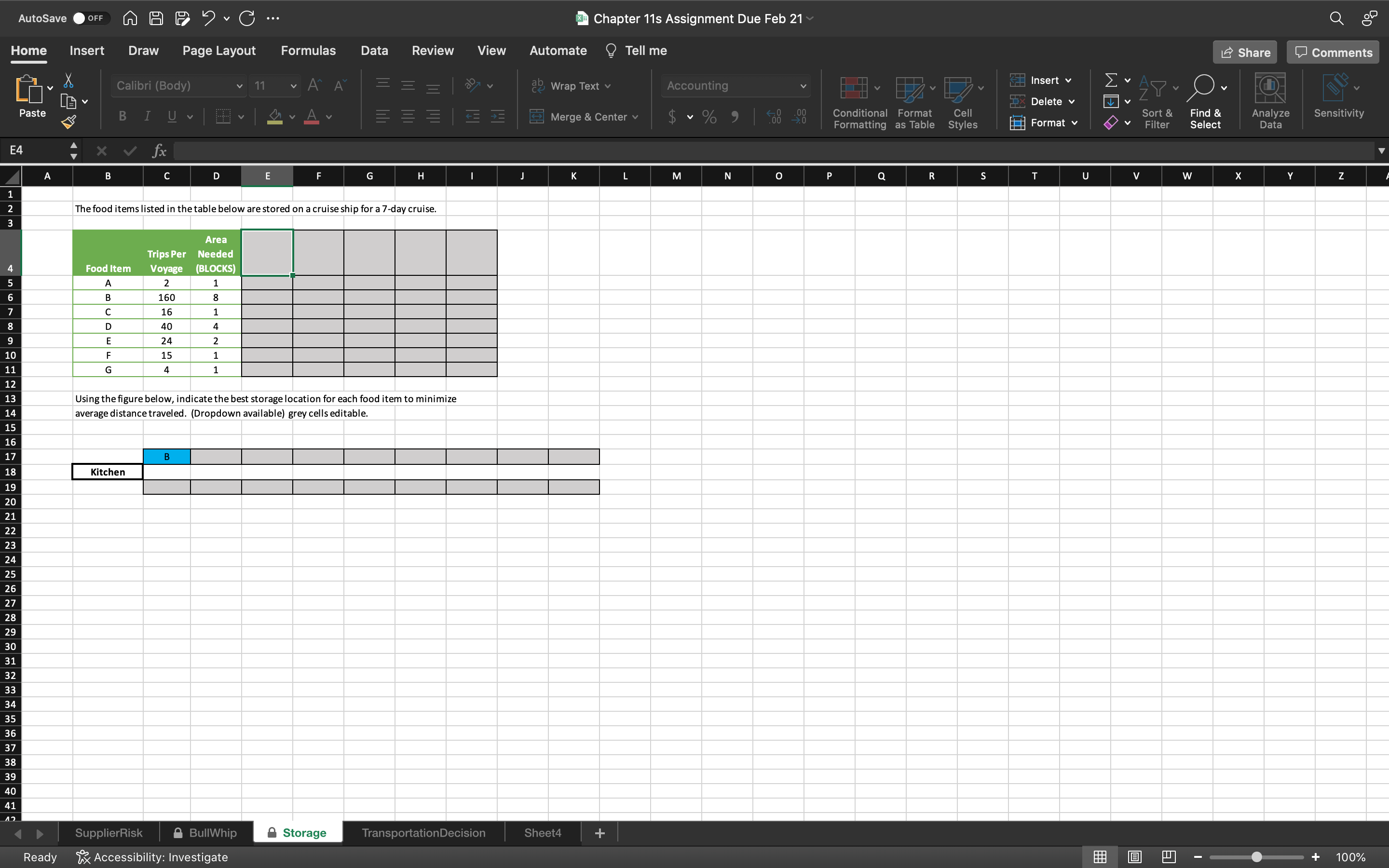  Using the figure below, indicate the best storage location for each