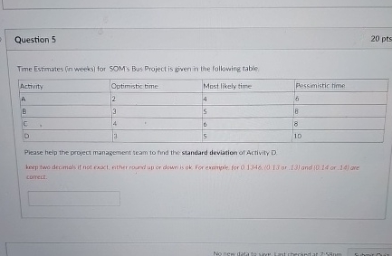  Question 5 Time Estimates (in weeks) for SOMs Bus Project is