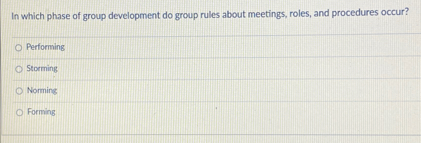  In which phase of group development do group rules about meetings,
