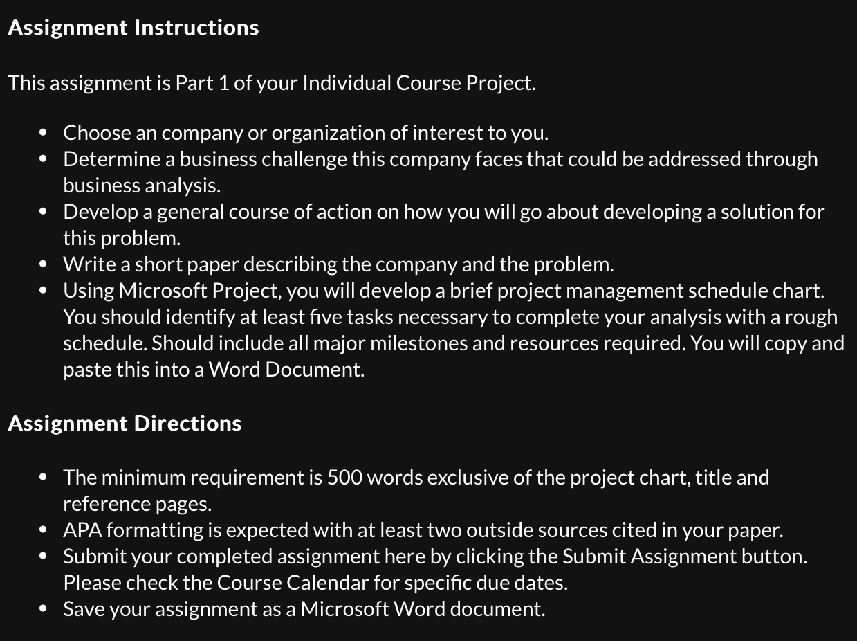 Assignment Instructions This assignment is Part 1 of your Individual Course