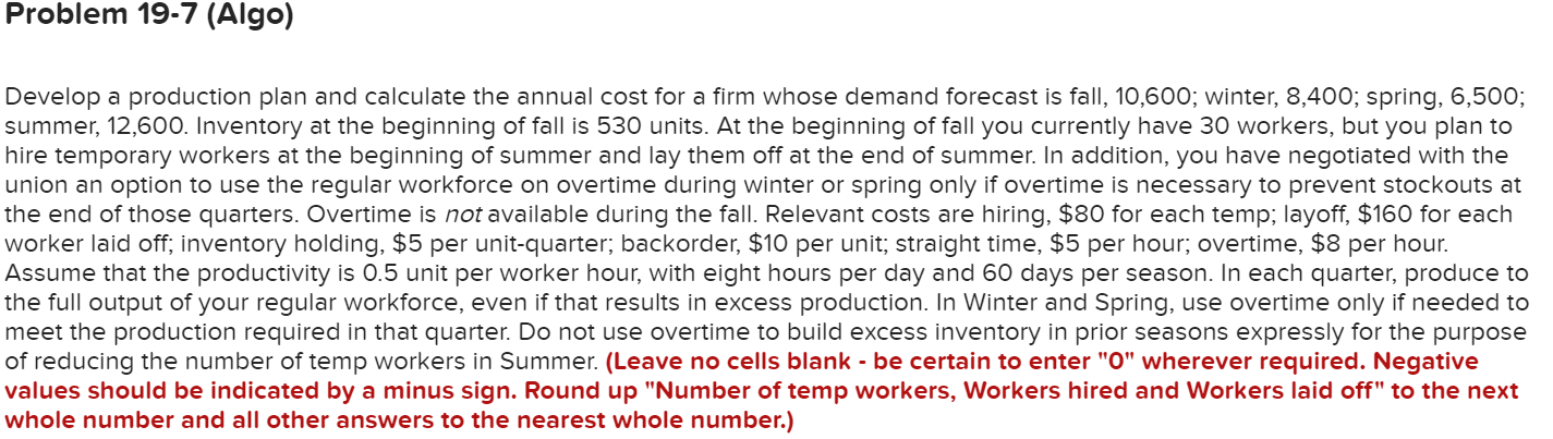  Develop a production plan and calculate the annual cost for a