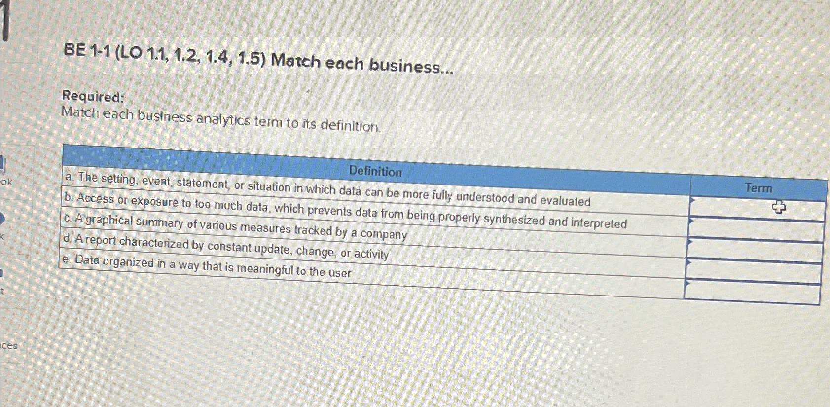  BE 1-1(LO 1.1,1.2,1.4,1.5) Match each business... Required: Match each business analytics