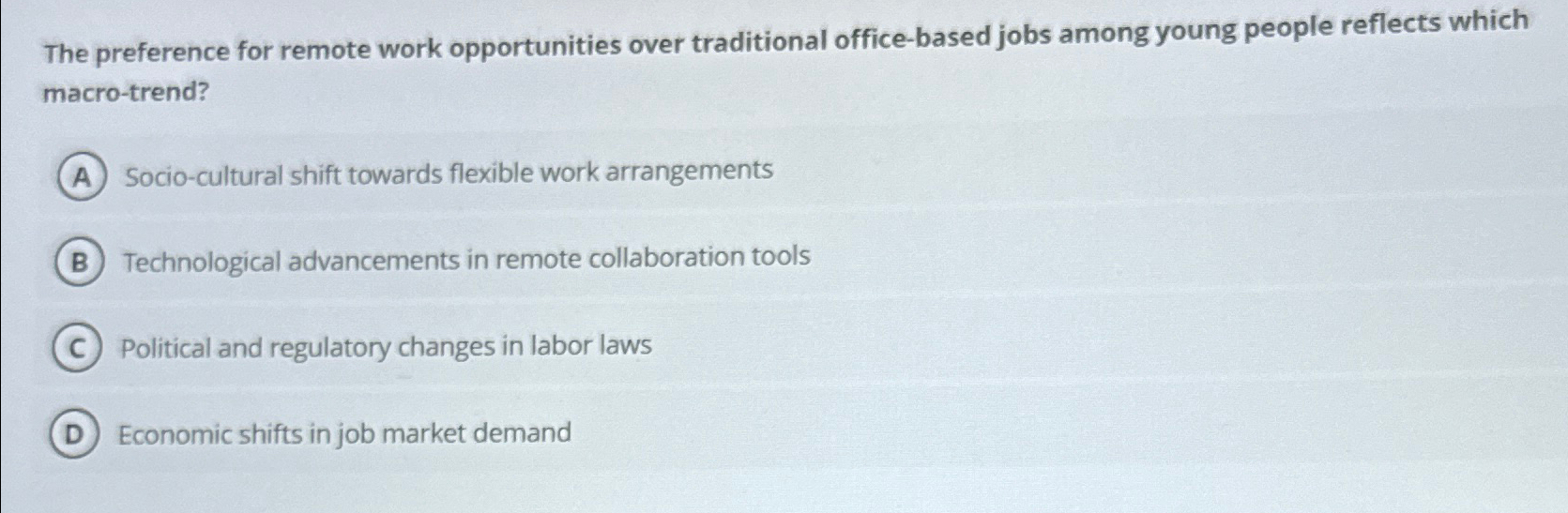  The preference for remote work opportunities over traditional office-based jobs among