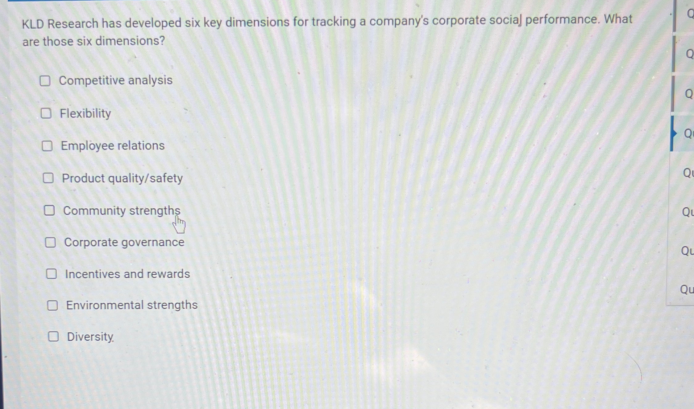  KLD Research has developed six key dimensions for tracking a company's
