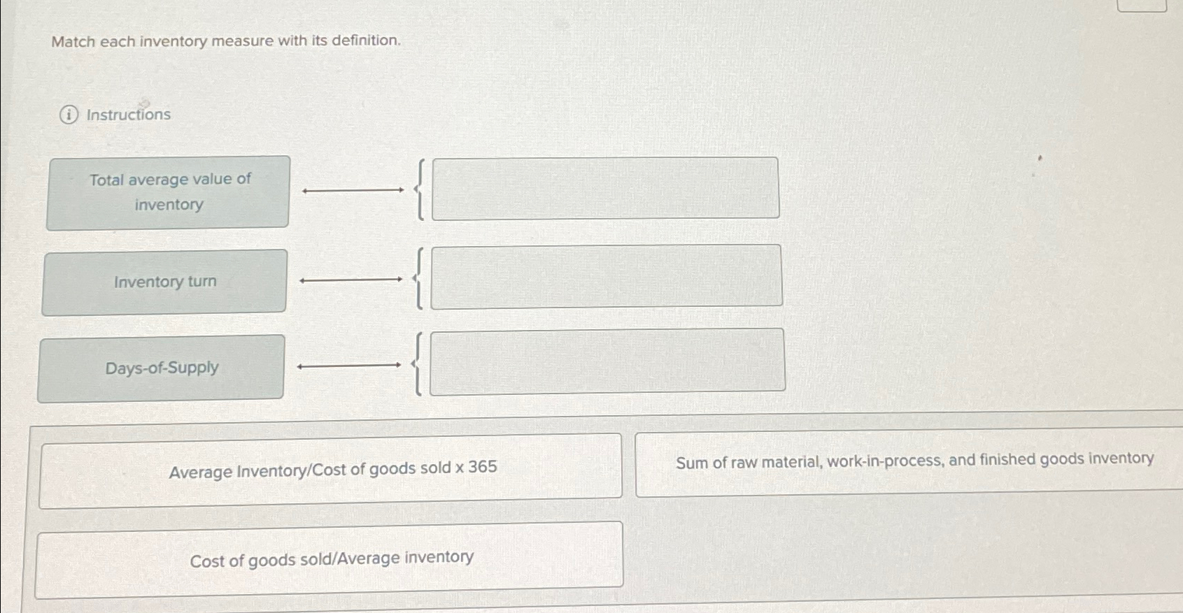  Match each inventory measure with its definition. Instructions Average Inventory/Cost of