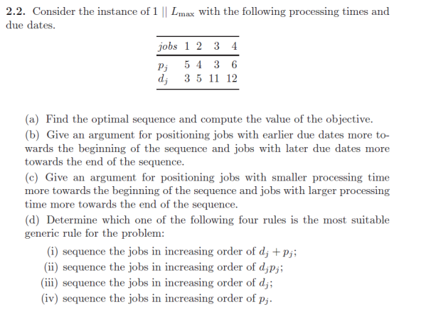  2.2. Consider the instance of 1||Lmax with the following processing times