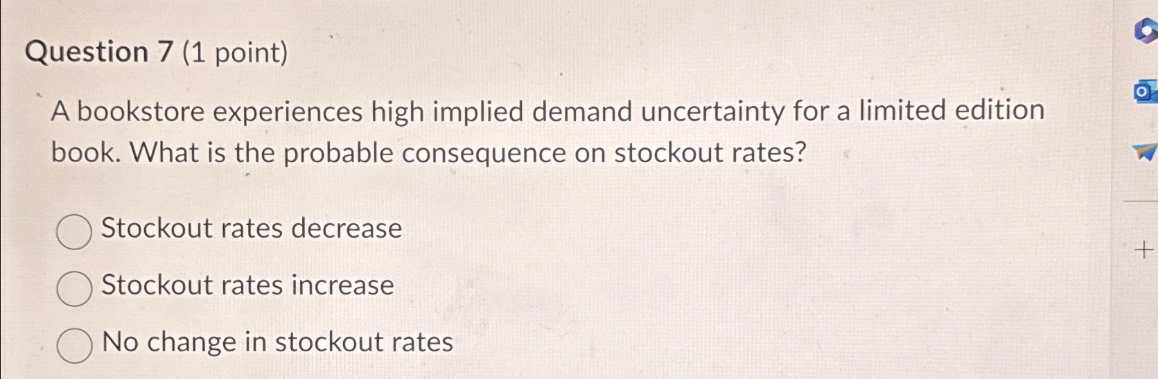  Question 7(1 point) A bookstore experiences high implied demand uncertainty for