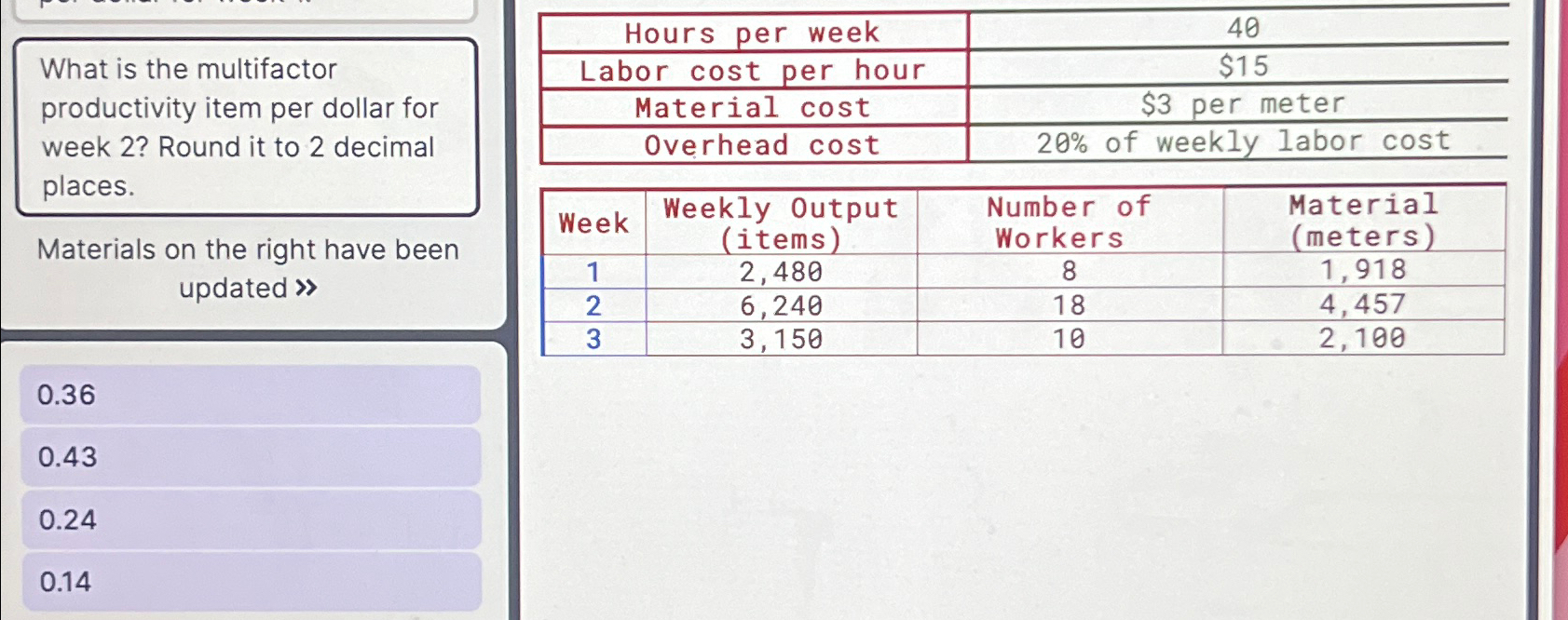  What is the multifactor productivity item per dollar for week 2?
