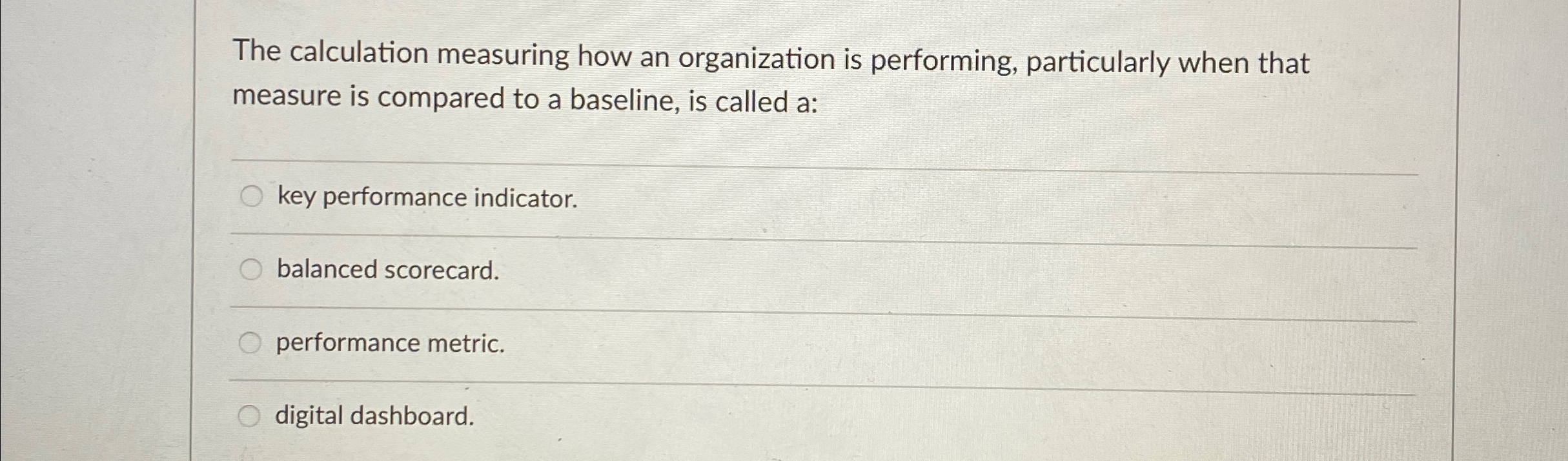  The calculation measuring how an organization is performing, particularly when that