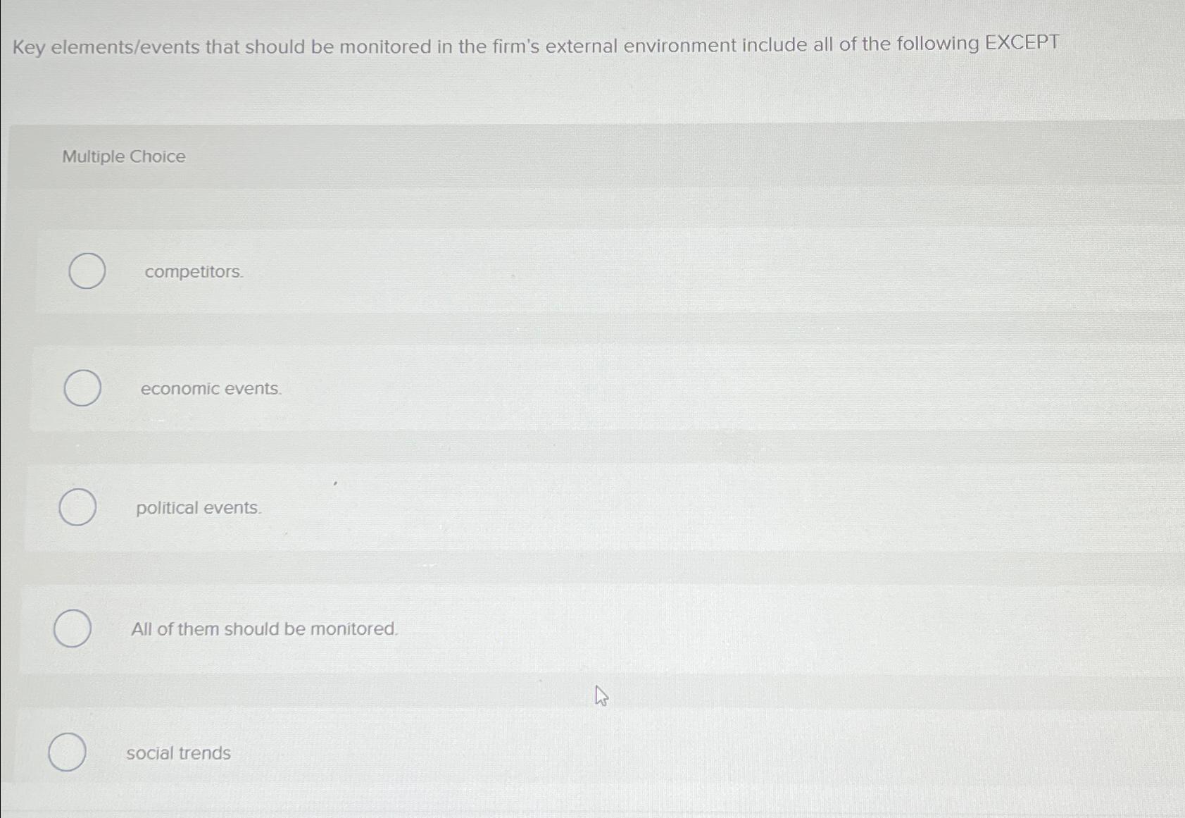 Key elements/events that should be monitored in the firm's external environment