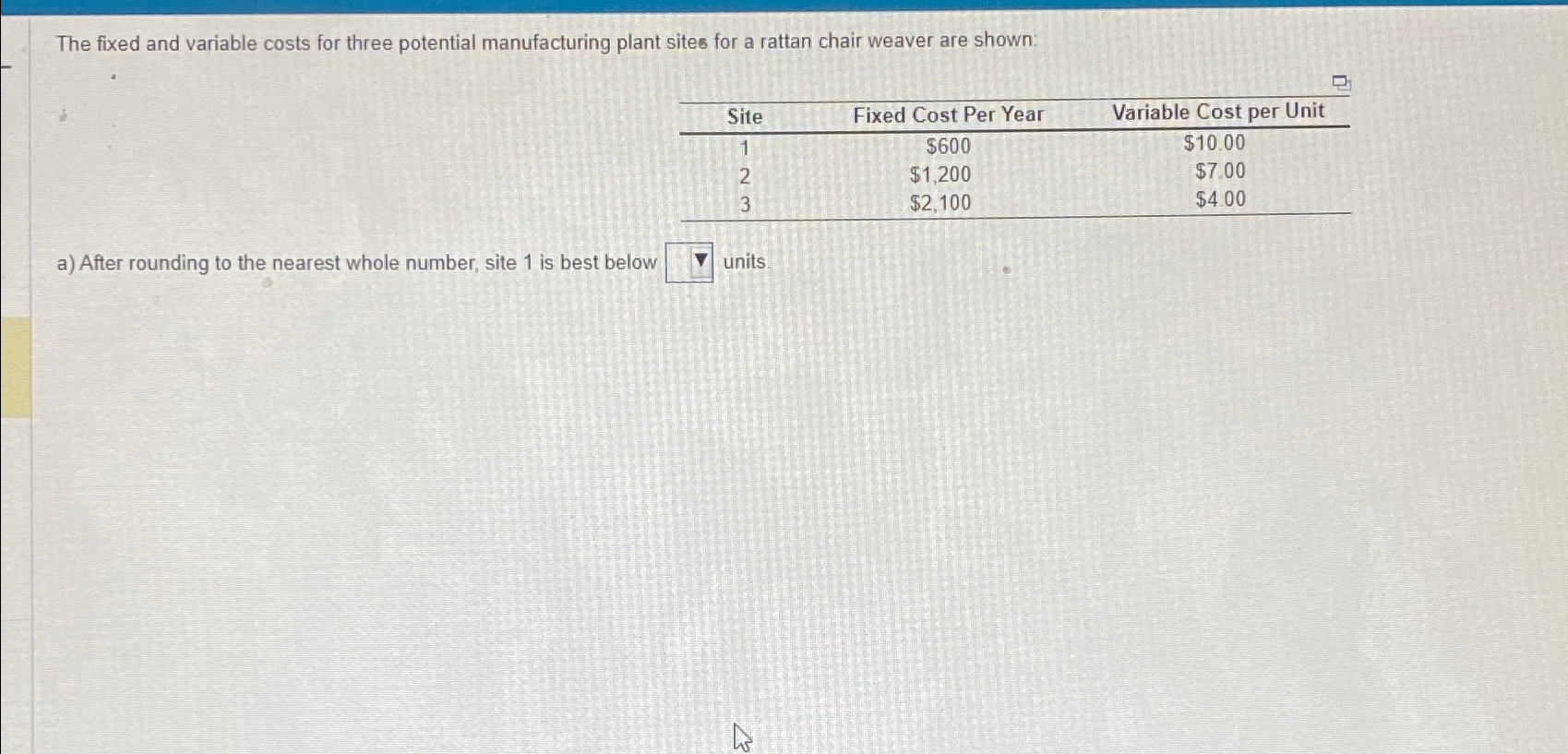  The fixed and variable costs for three potential manufacturing plant sites