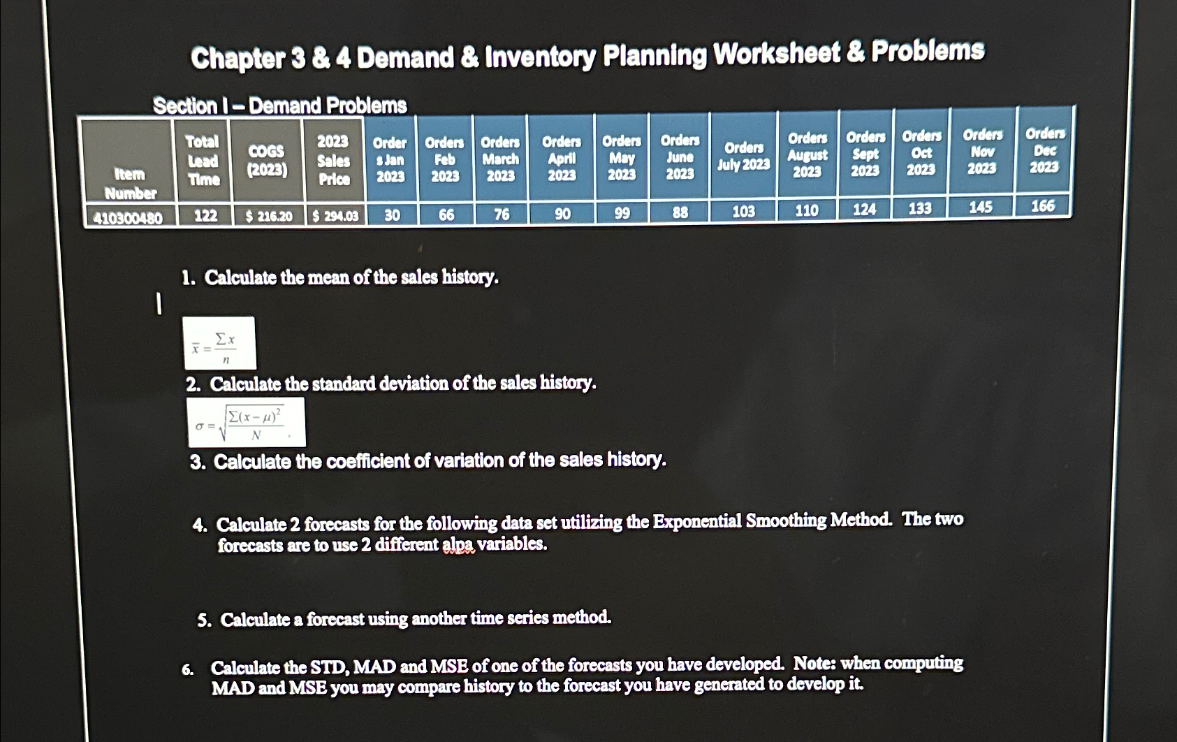  Chapter 3 & 4 Demand & Inventory Planning Worksheet & Problems
