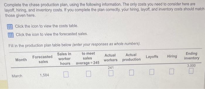 Complete the chase production plan, using the following information. The only