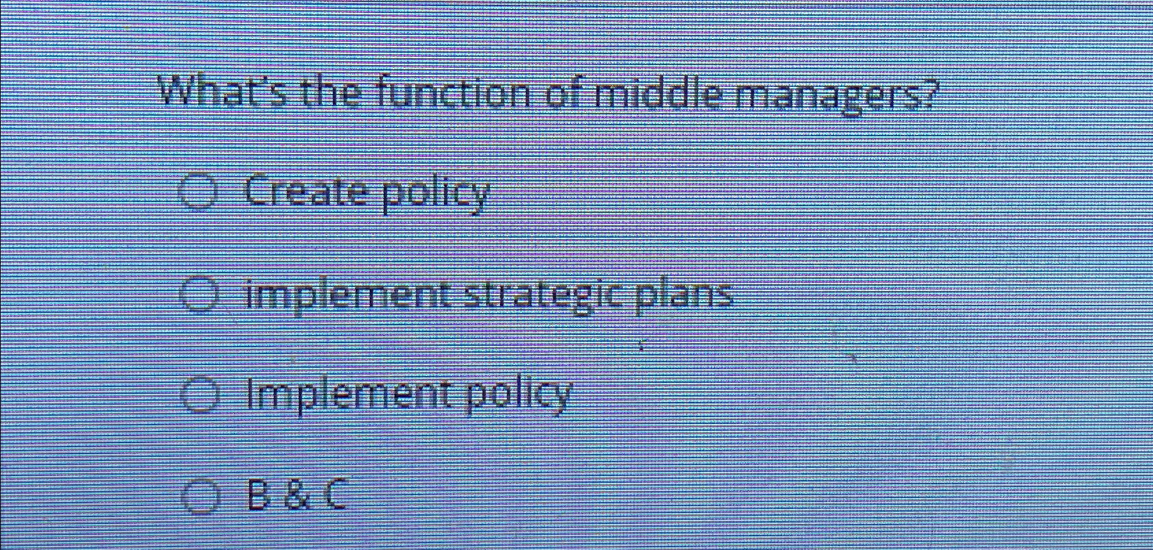  What's the function of middle managers? Create policy implement strategic plans