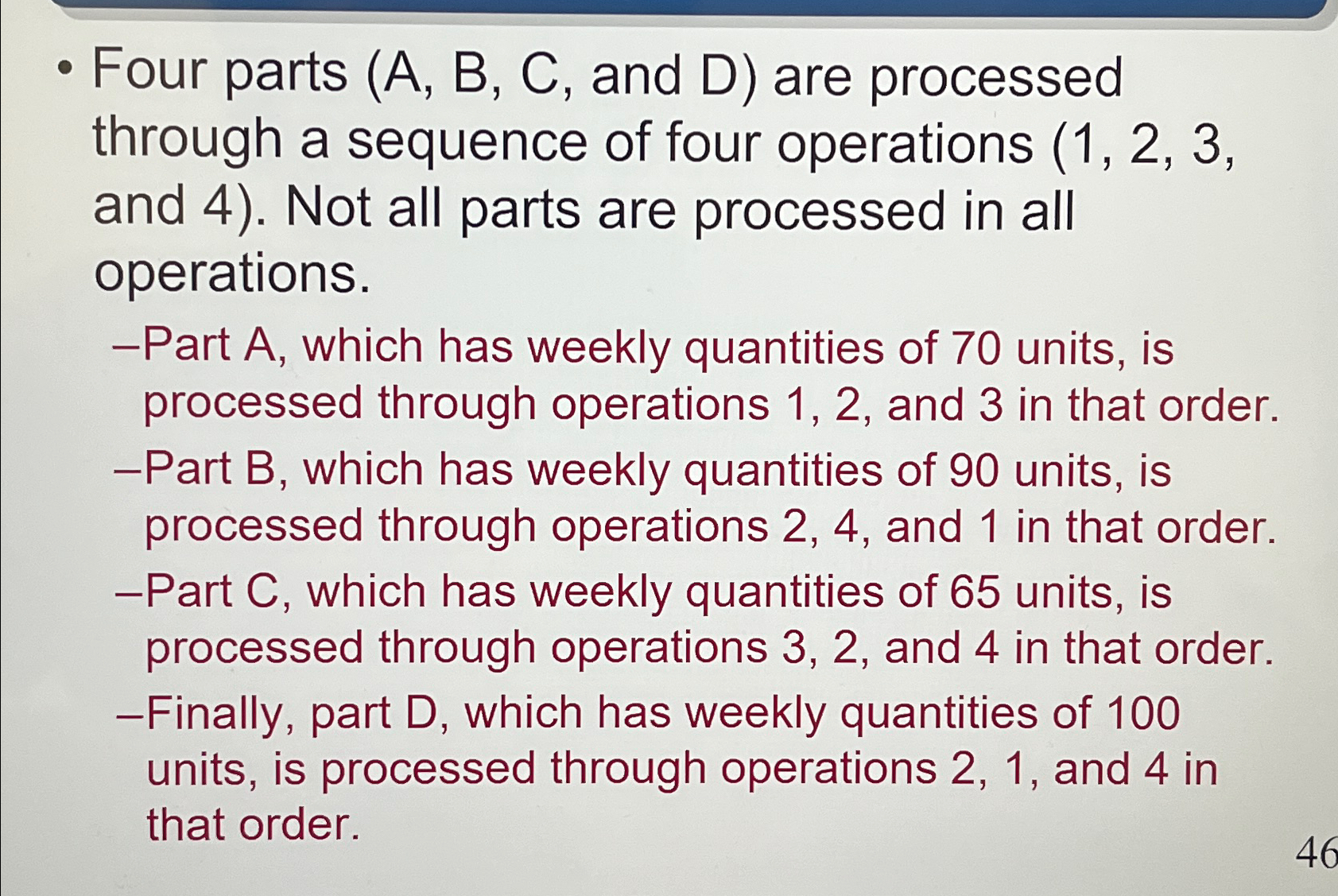  Four parts (A, B, C, and D) are processed through a