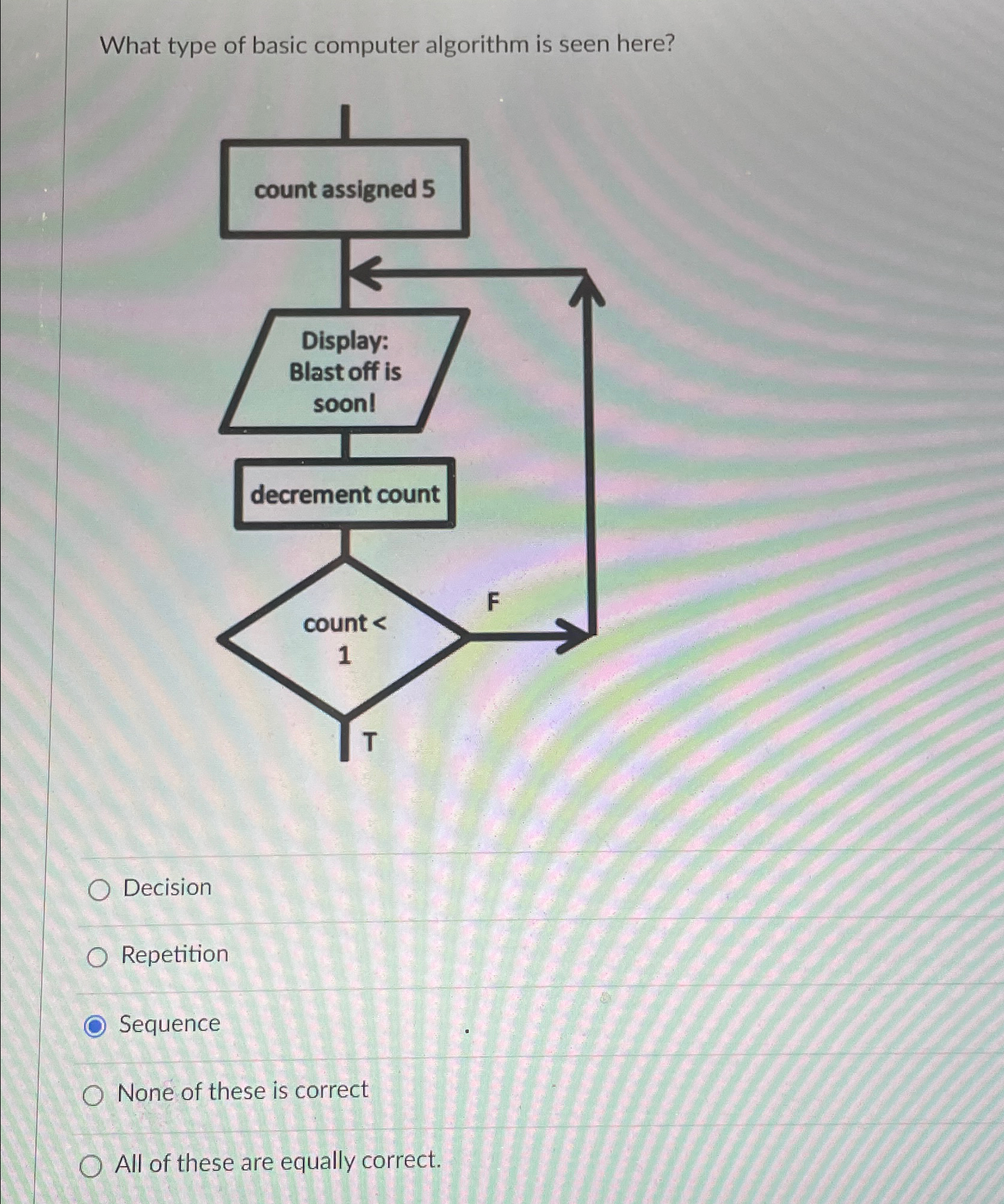  What type of basic computer algorithm is seen here? Decision Repetition
