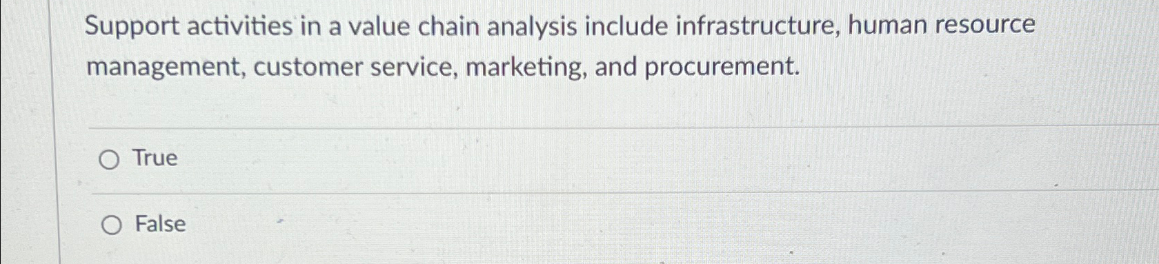  Support activities in a value chain analysis include infrastructure, human resource