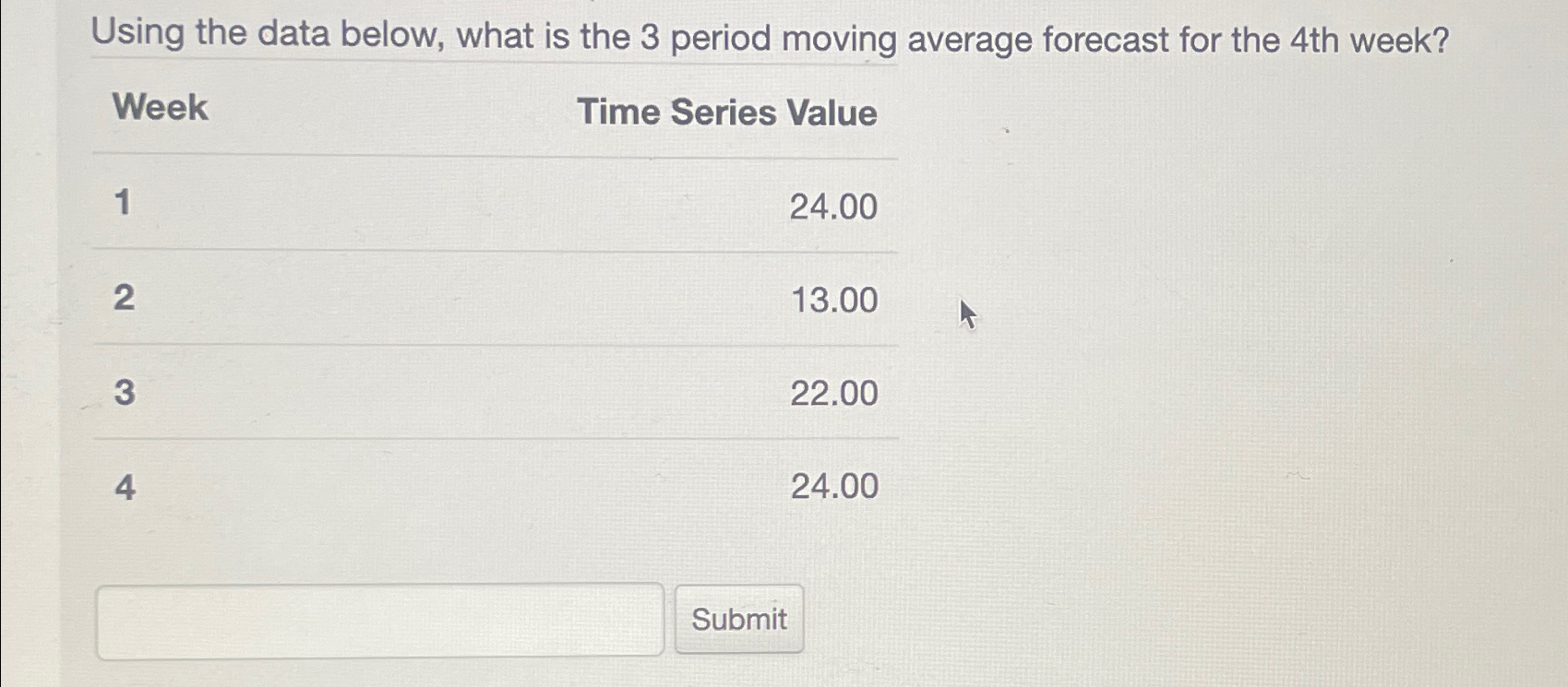  Using the data below, what is the 3 period moving average