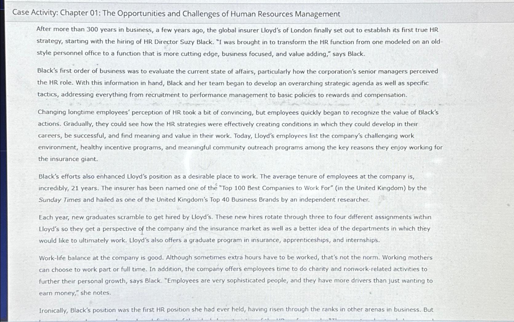  Case Activity: Chapter 01: The Opportunities and Challenges of Human Resources