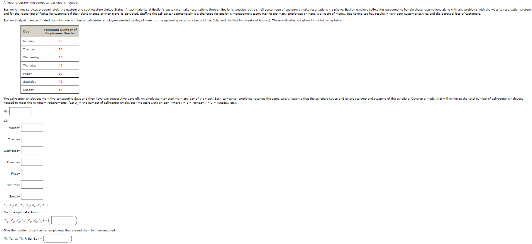 A linear programming computer package is needed. \begin{tabular}{|l|c|} \hline Day &