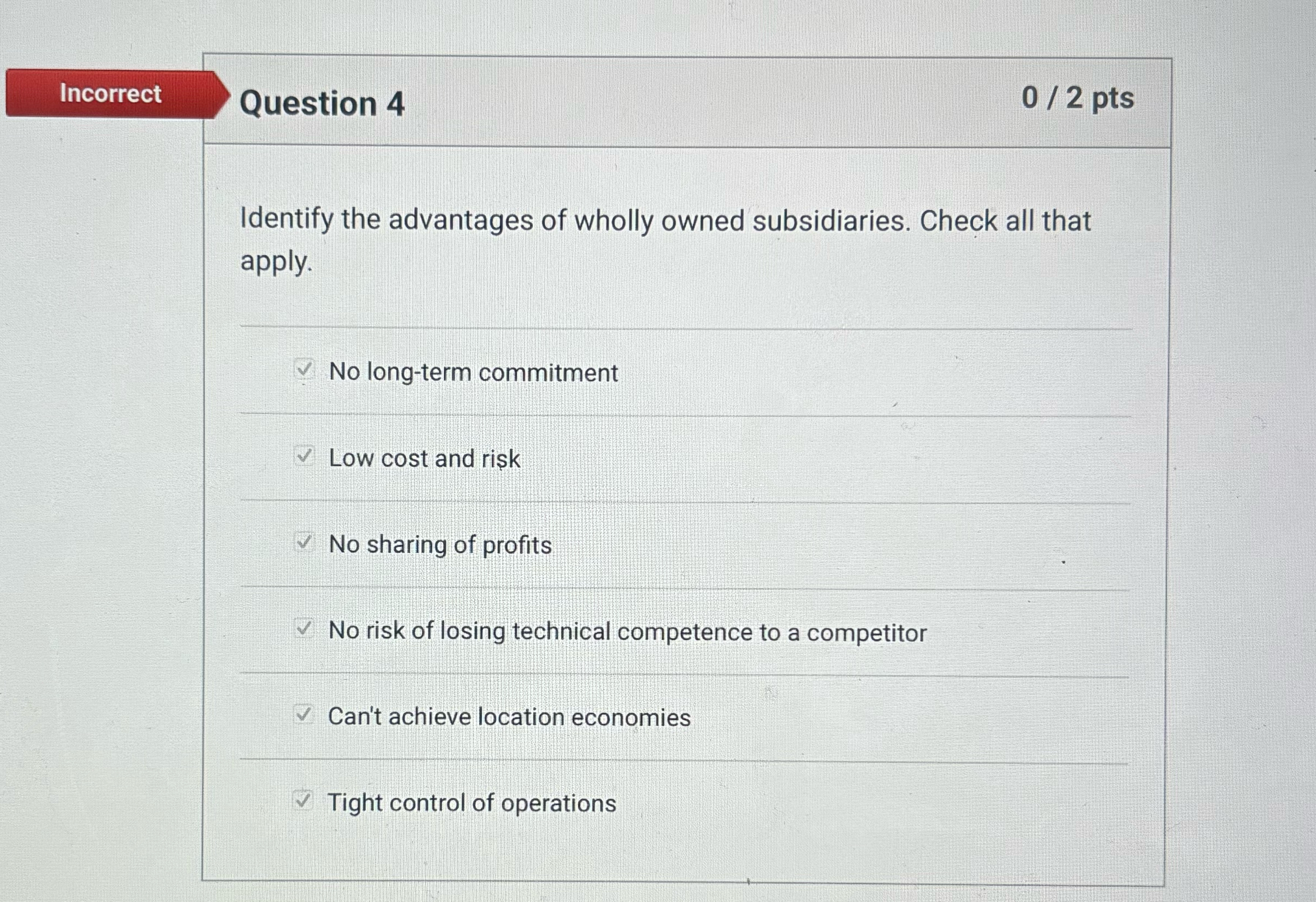  Incorrect Question 4 0/2 pts Identify the advantages of wholly owned
