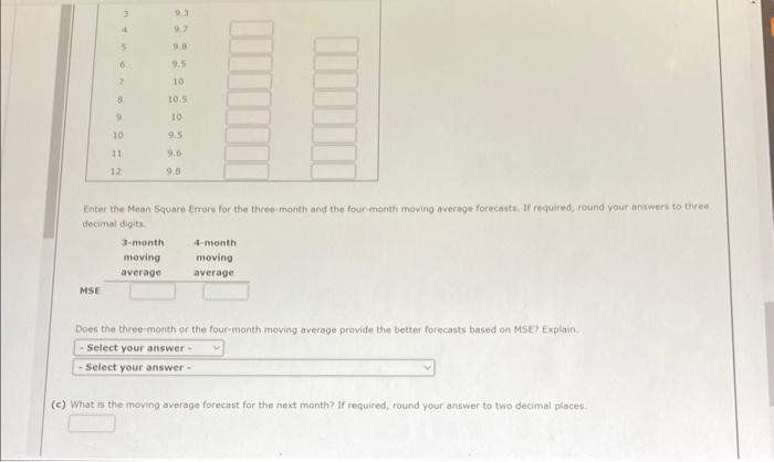 three-month and the four-month moving average focecasts. If required, round your answers