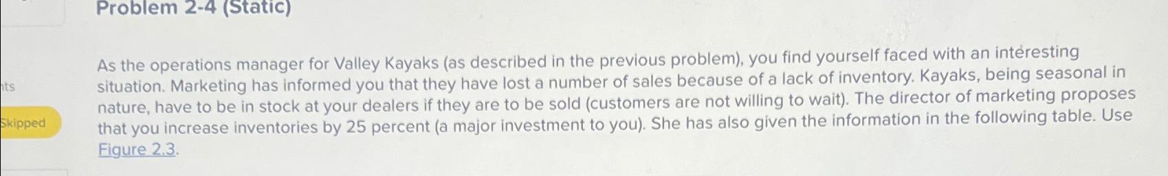  Problem 2-4(Static) As the operations manager for Valley Kayaks (as described