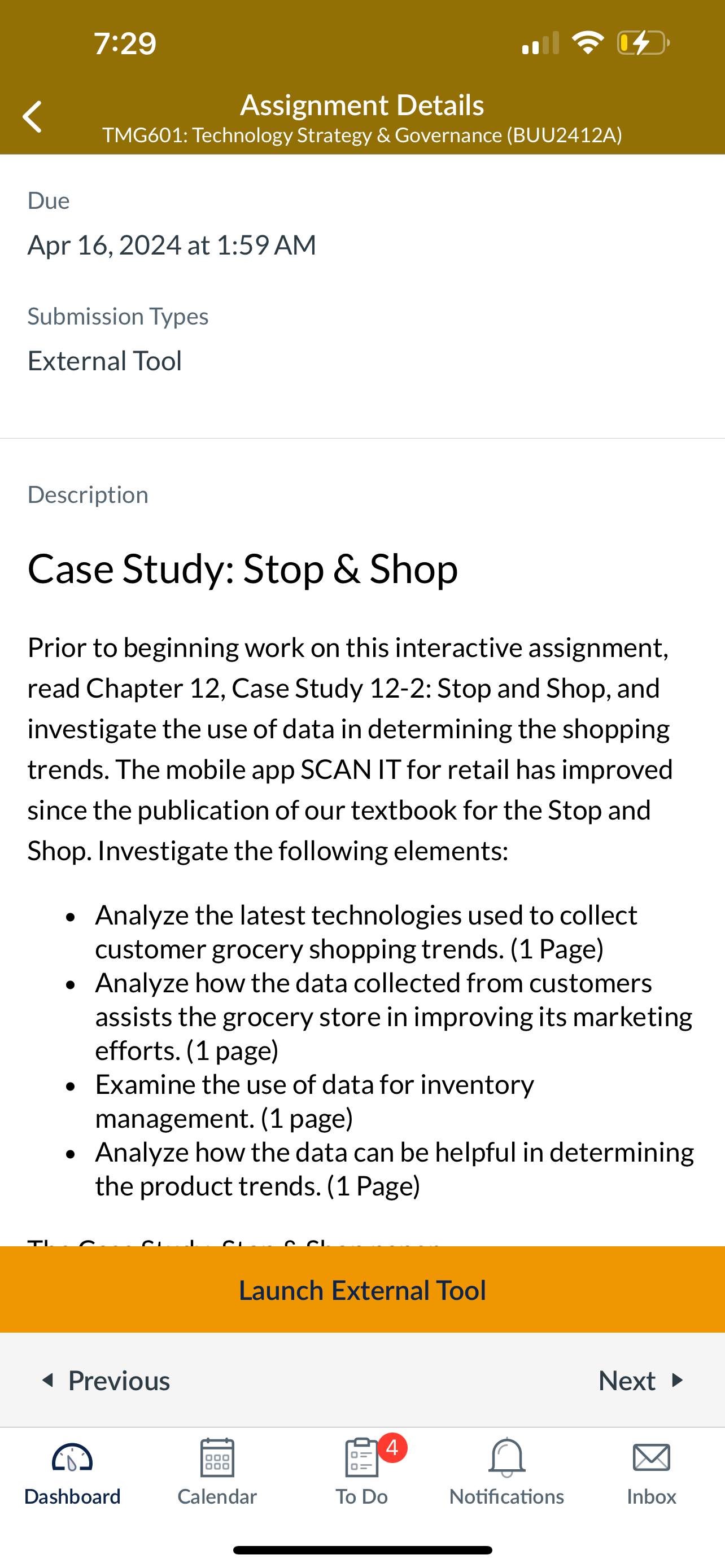  7:29 04 Assignment Details TMG601: Technology Strategy & Governance (BUU2412A) Due