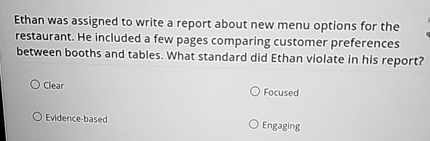  Ethan was assigned to write a report about new menu options