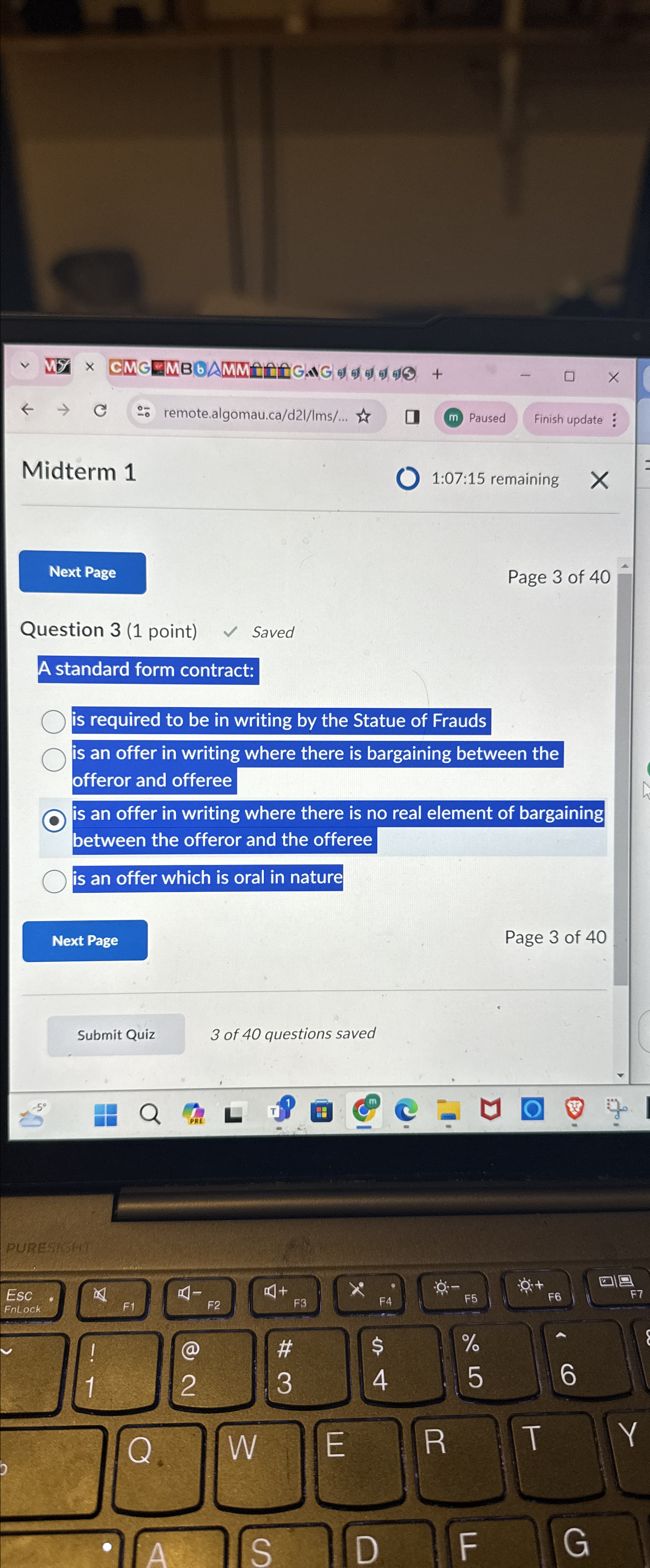  Midterm 1 1:07:15 remaining Page 3 of 40 Question 3(1 point)