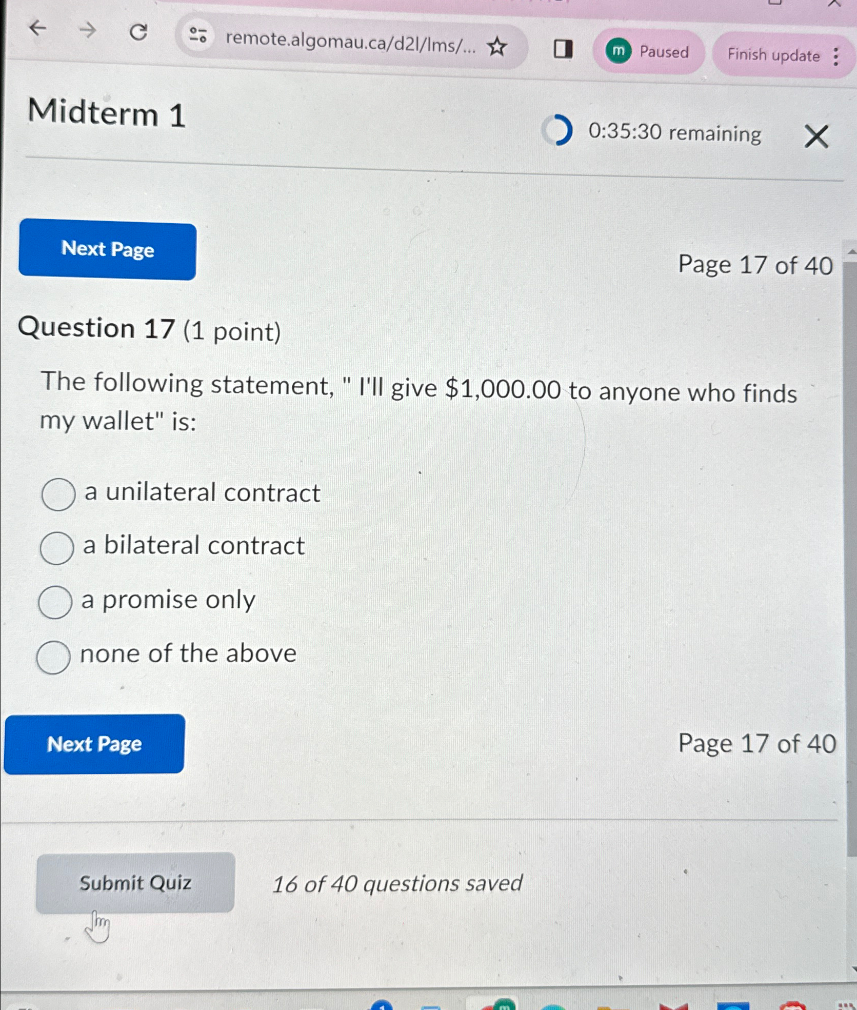  Midterm 1 0:35:30 remaining Page 17 of 40 Question 17(1 point)