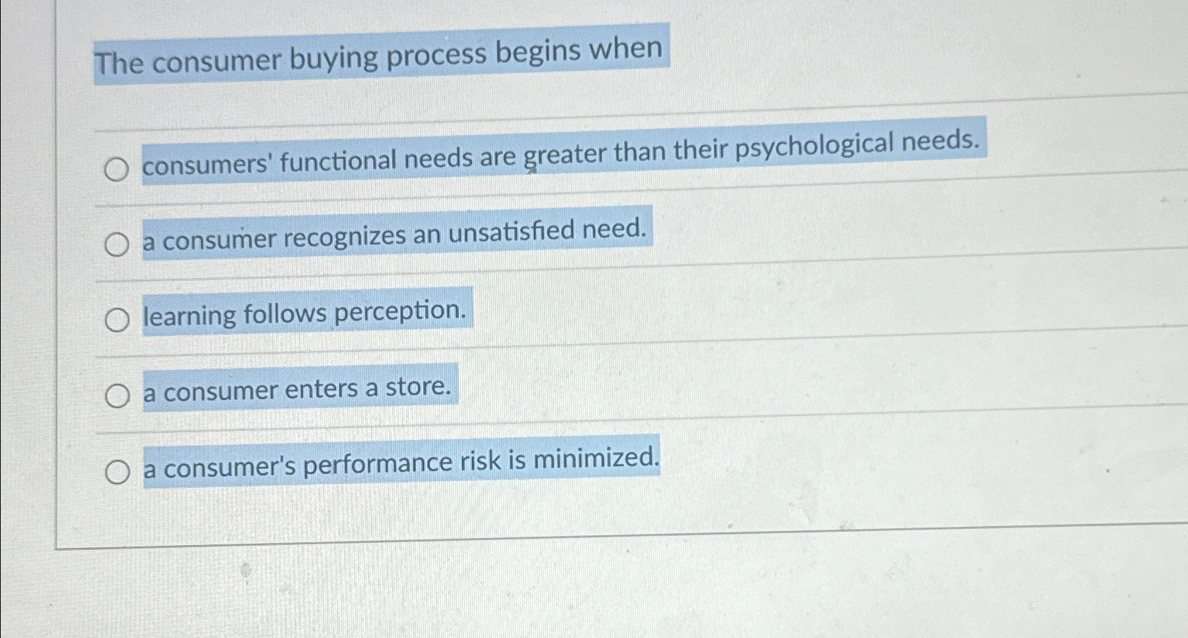  The consumer buying process begins when consumers' functional needs are greater