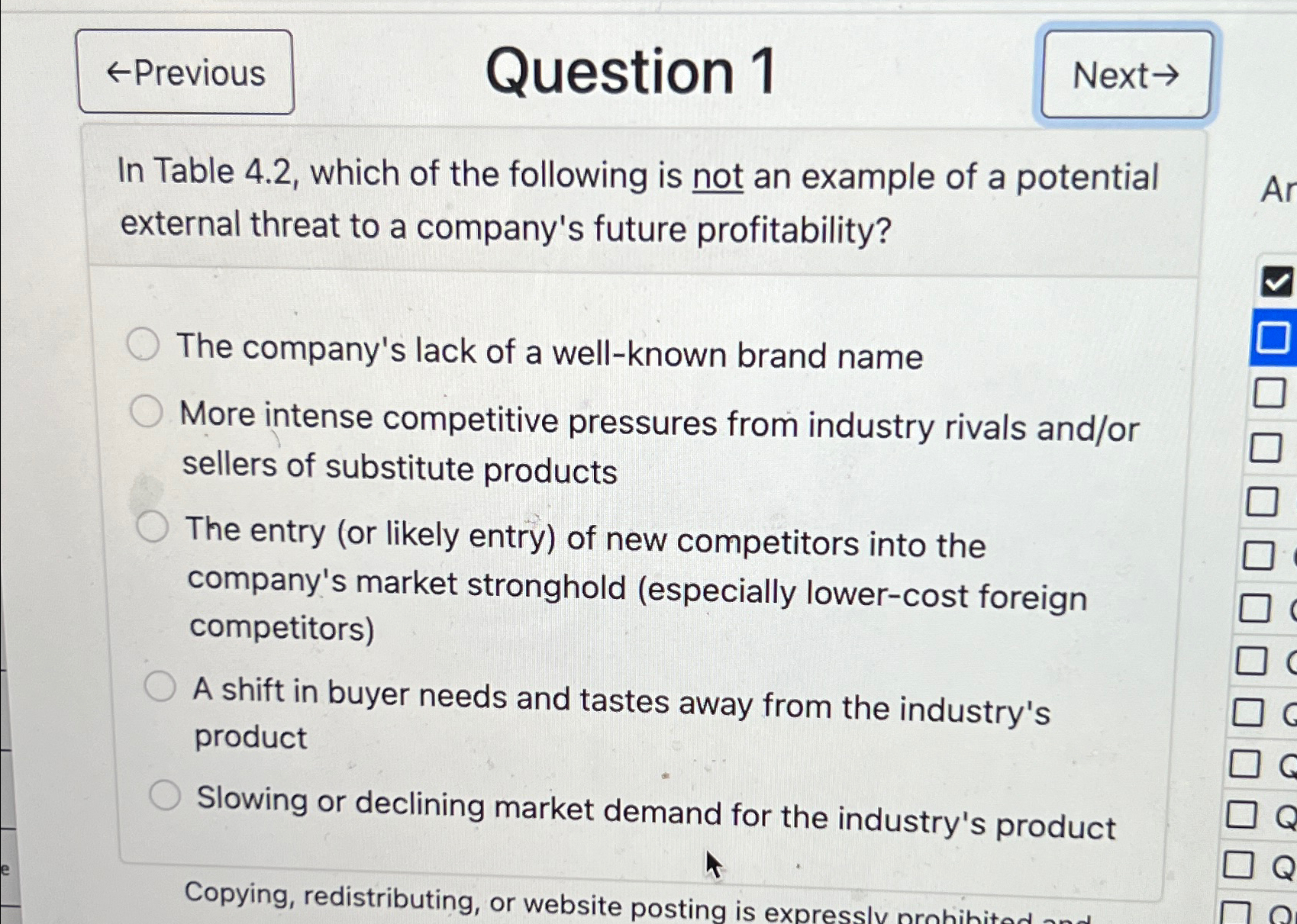  Question 1 In Table 4.2, which of the following is not