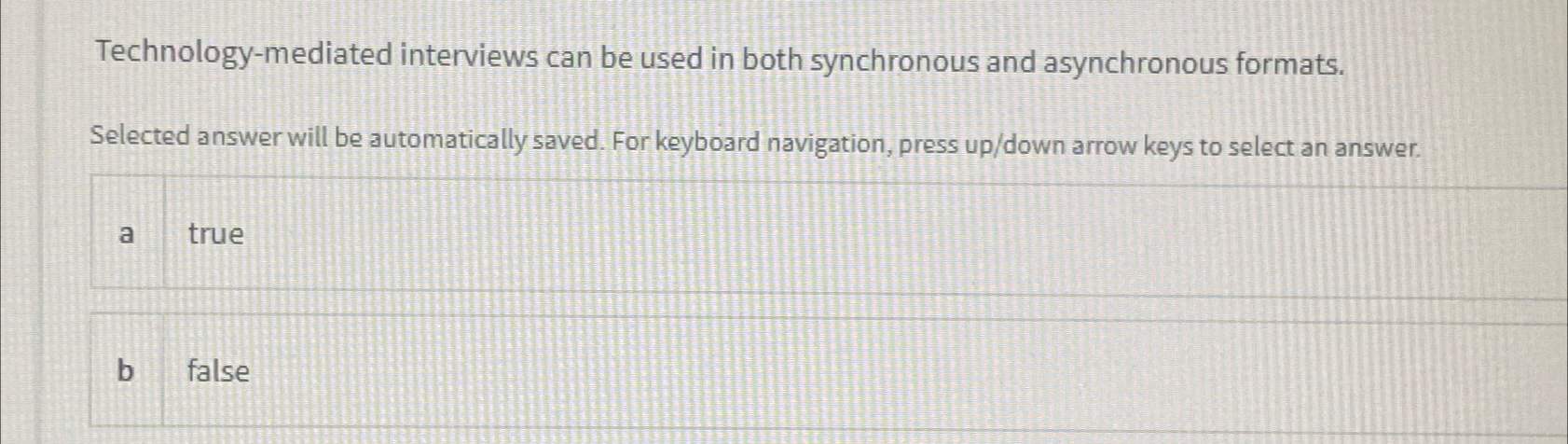  Technology-mediated interviews can be used in both synchronous and asynchronous formats.