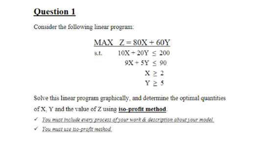  Question 1 Consider the following linear program: MAX Z=80x+60Y s.t.10x+20Y200 9x+5Y90