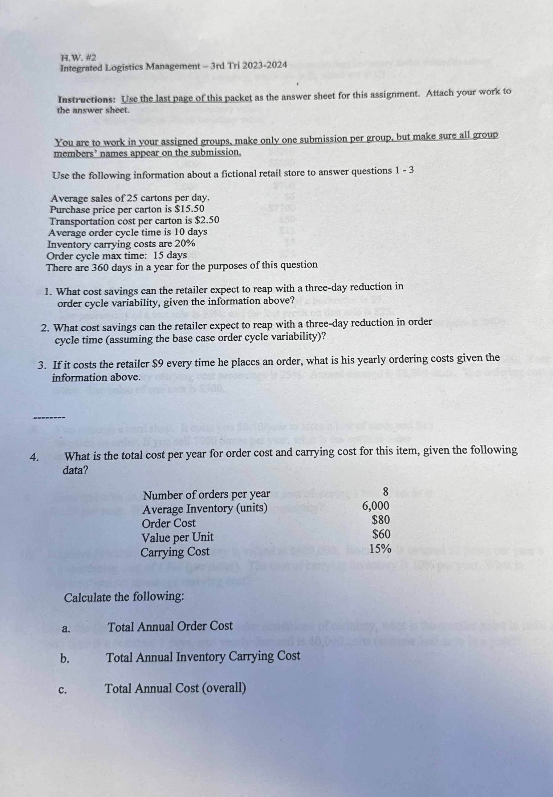  H.W. #2 Integrated Logistics Management -3rd Tri 2023-2024 Instructions: Use the