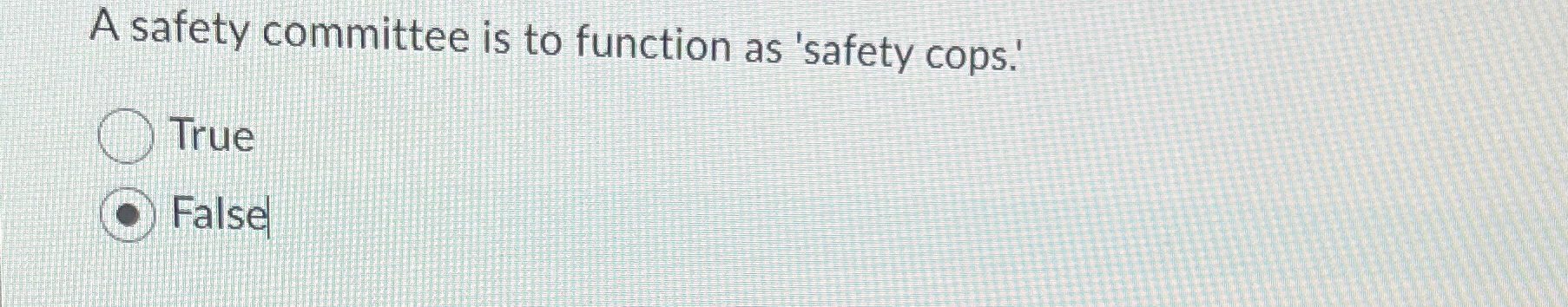  A safety committee is to function as 'safety cops.' True False