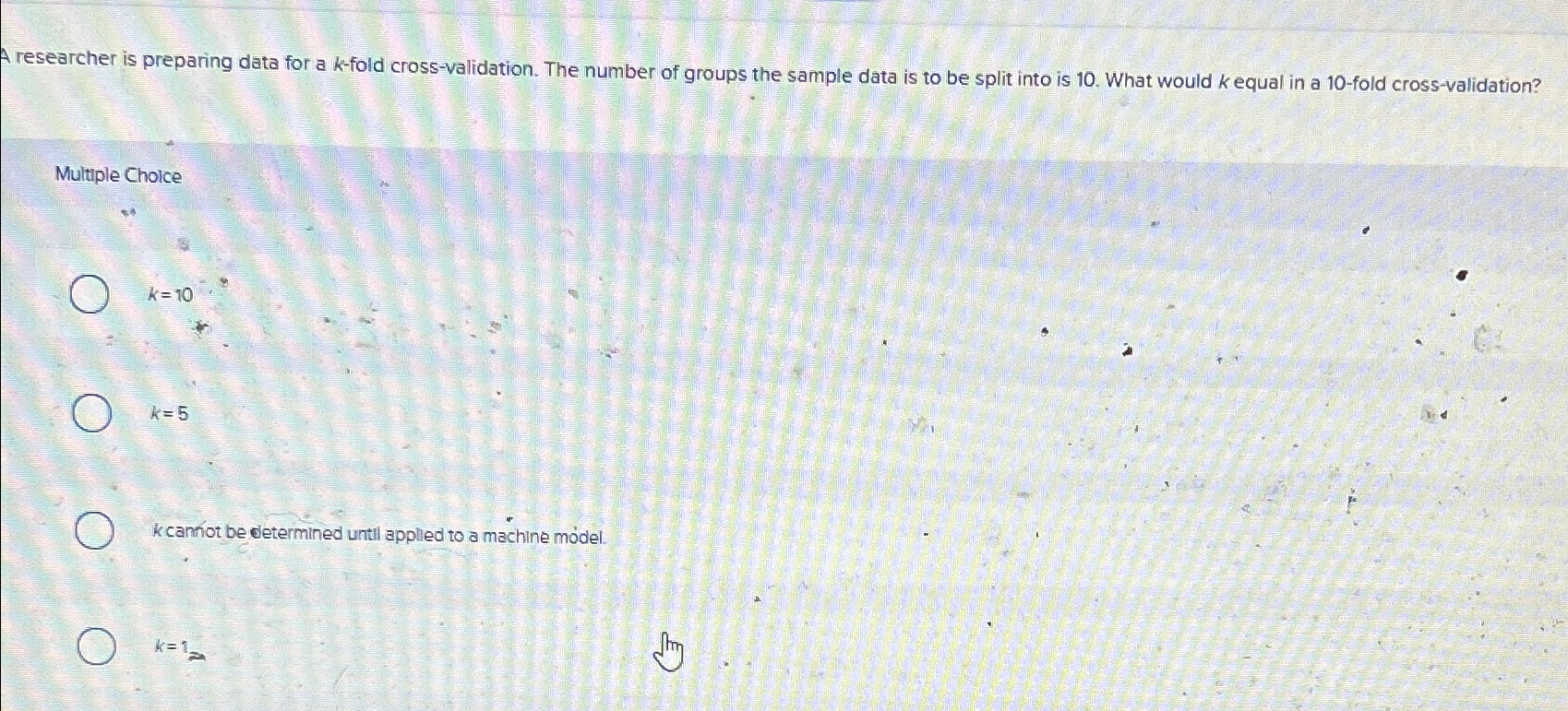  A researcher is preparing data for a k-fold cross-validation. The number