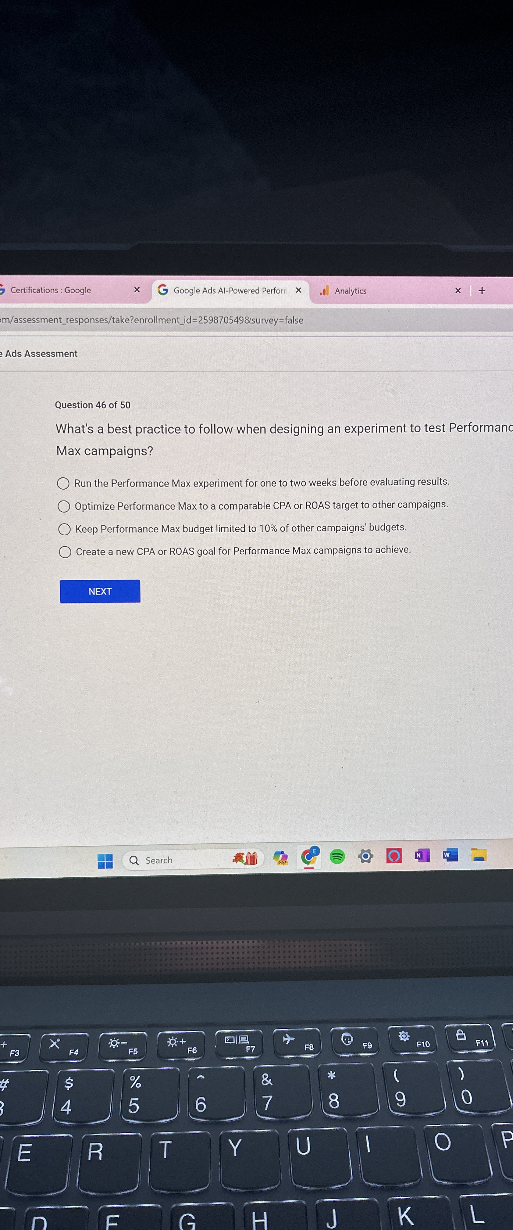 Certifications: Google Google Ads Al-Powered Perforr Analytics m/assessment_responses/take?enrollment_id=259870549&survey=false Ads Assessment Question