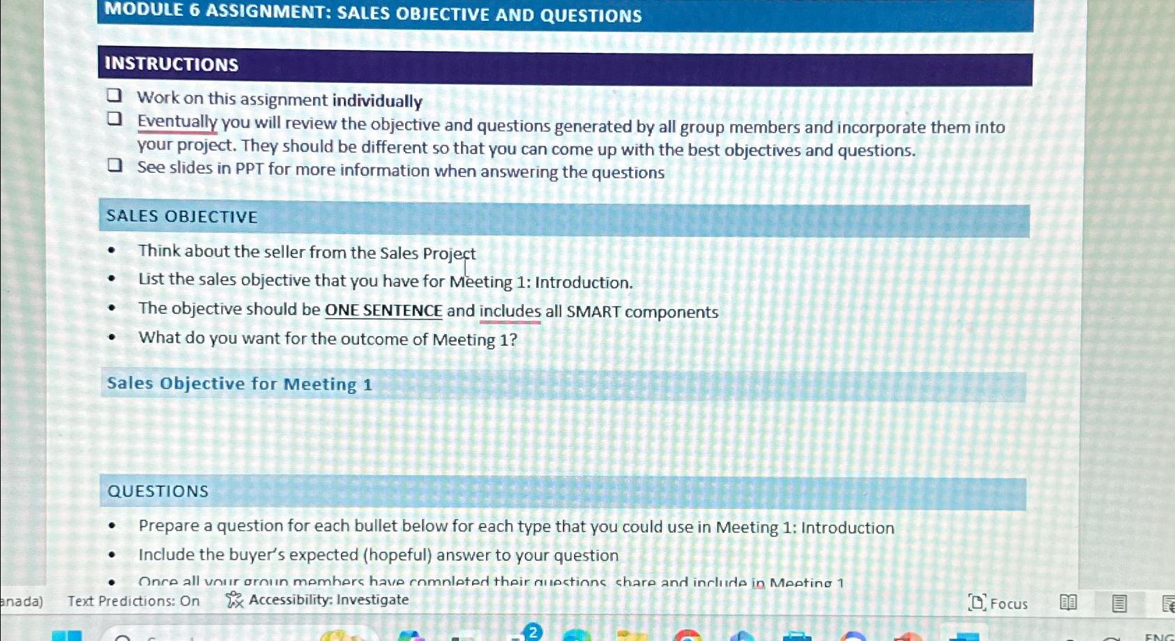  MODULE 6 ASSIGNMENT: SALES OBJECTIVE AND QUESTIONS INSTRUCTIONS Work on this