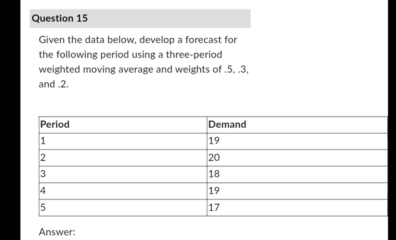  Question 15 Given the data below, develop a forecast for the