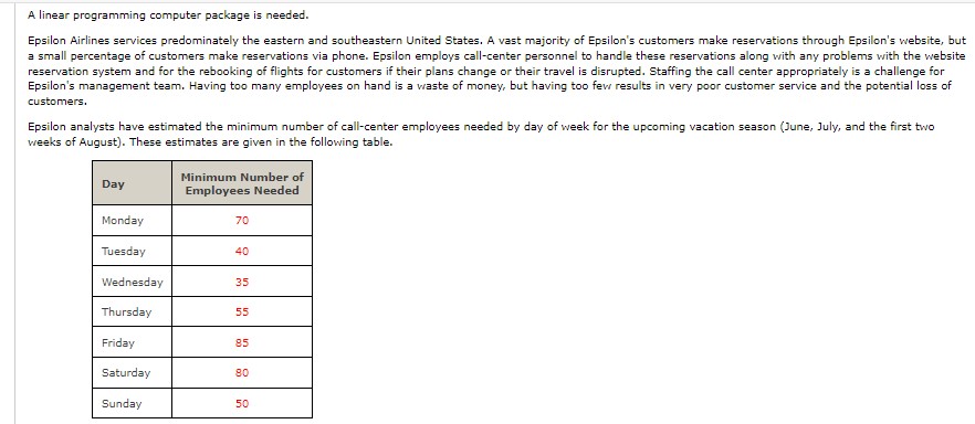  A linear programming computer package is needed. Epsilon Airlines services predominately